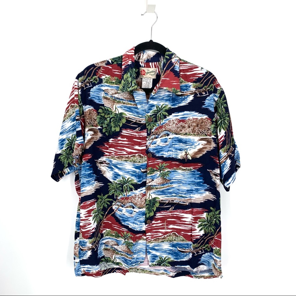 Hilo Hattie Hawaiian Shirt Blue Red Palm Trees Boat Short Sleeve Size Large